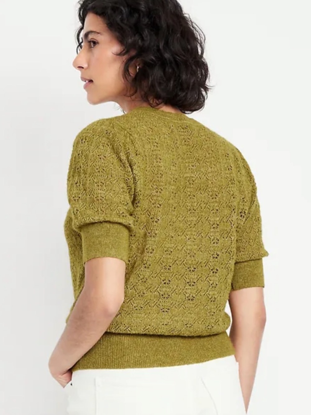 Marled Olive-Green Open-Knit Puff Sleeve Sweater
